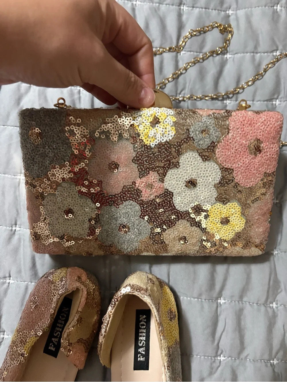 Matching Floral Sequin Pointed Toe Flats and Clutch Set - Pink Multi
